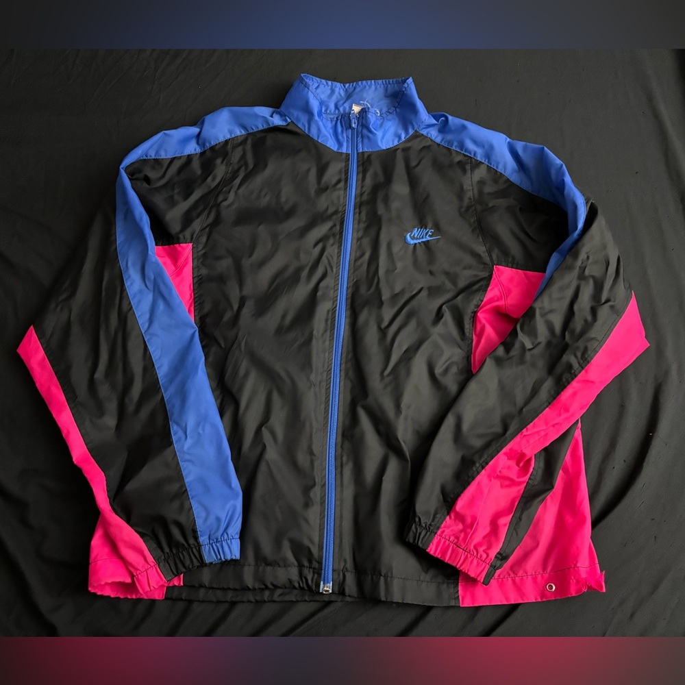 Vintage Nike Jacket Mens Medium Black Blue Pink Windbreaker Zip 90s READ